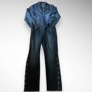 FUBU‎ Vintage 90's Y2K Dark Wash Zip Front Long Sleeve Denim Jumpsuit Size 11/12